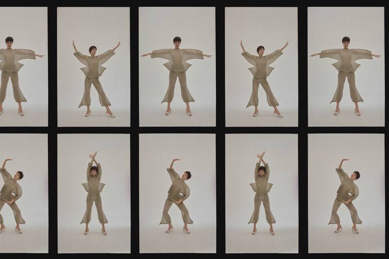 Fashion shot of a woman in light tan, flowing pants and top, in different poses, set against a white background. Full body shot.
