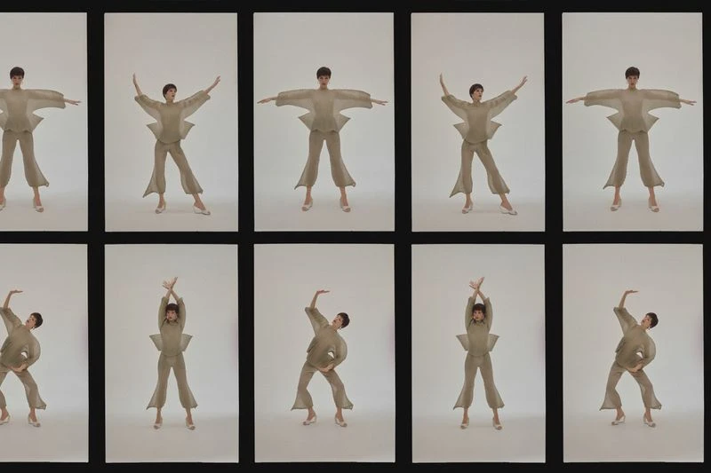 Fashion shot of a woman in light tan, flowing pants and top, in different poses, set against a white background. Full body shot.