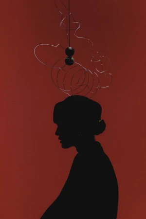 Silhouette of a woman in profile against a red background, with a suspended spherical mobile art installation. Minimalist, fine art photography.
