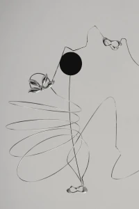 Abstract wire sculpture forming a minimalist silhouette with a solid black circle on a neutral grey seamless background