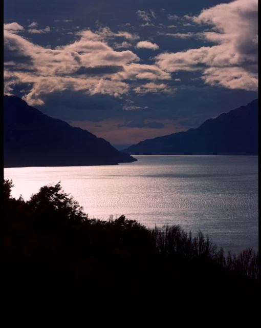 Scenic view of a lake surrounded by mountains under a cloudy sky, trees in silhouette foreground.
