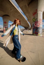 Model with red hair wearing a light trench coat and blue jeans skateboarding under concrete highway overpasses