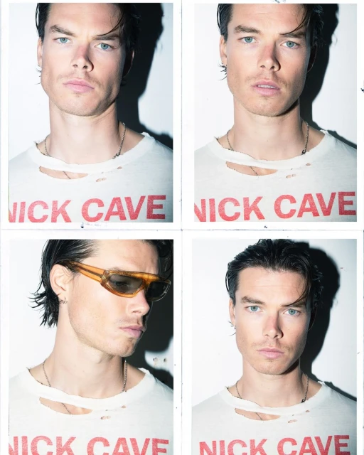 A four-image collage of a young adult man with medium-length brown hair, wearing a white t-shirt with the text "NICK CAVE" printed on it.