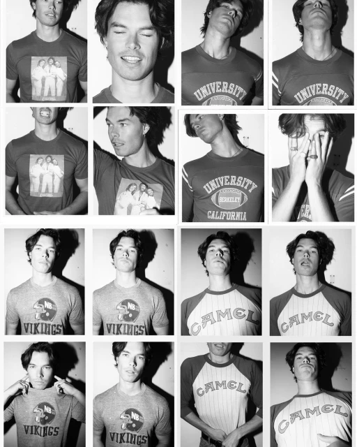Black and white photo of a young adult male wearing different t-shirts, captured in a studio setting with a variety of expressions.