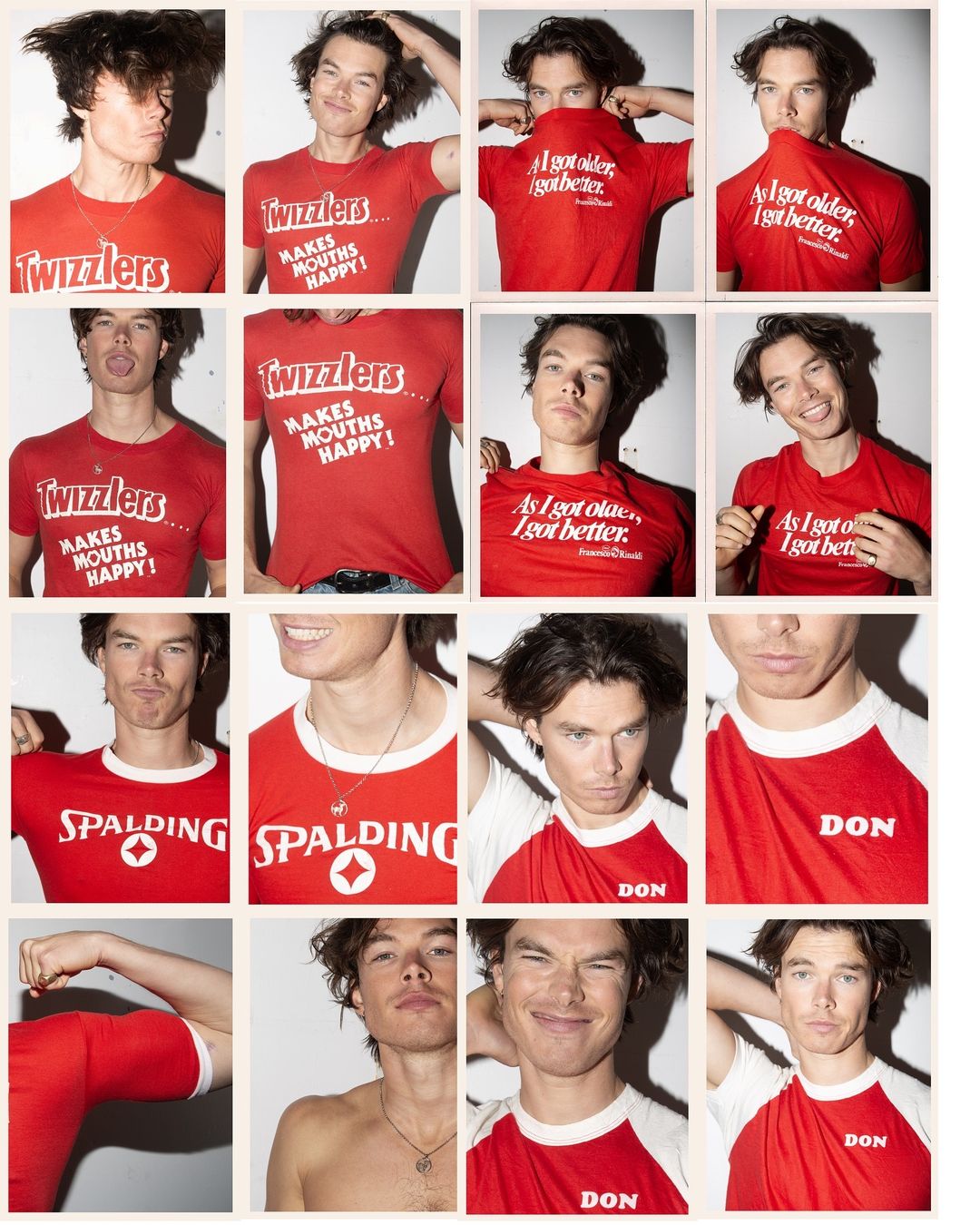Collage of a light-skinned male wearing red T-shirts with various logos and graphics, including 'Twizzlers,' 'Spalding,' and 'DON.'