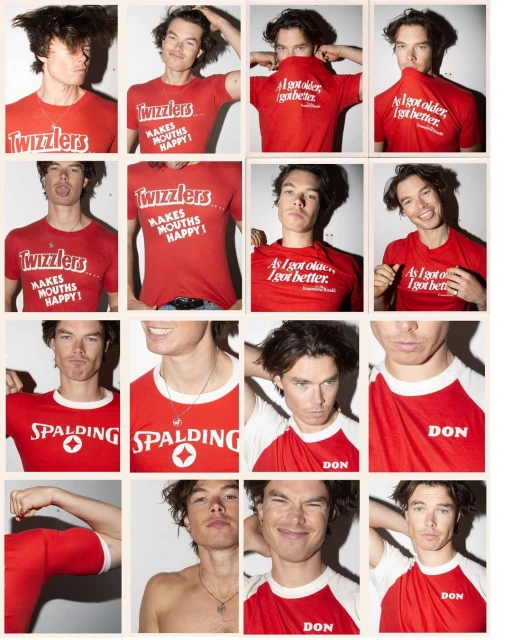 Collage of a light-skinned male wearing red T-shirts with various logos and graphics, including 'Twizzlers,' 'Spalding,' and 'DON.'