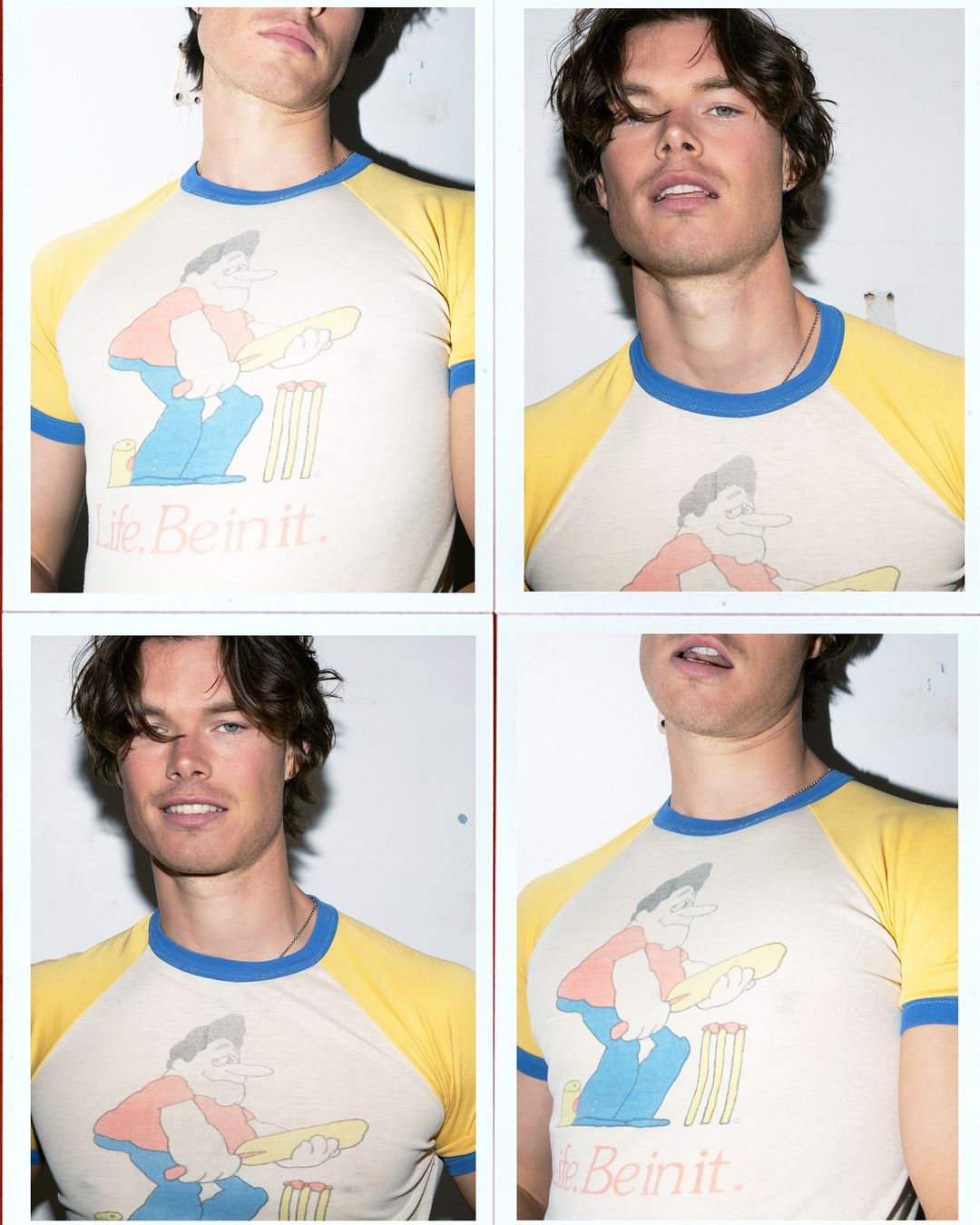 Collage of a young man in a yellow and white t-shirt with a cartoon graphic, posing in front of a plain white wall in a studio.