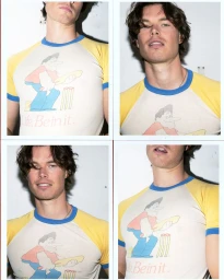 Four-panel photo layout of man wearing white raglan t-shirt with yellow sleeves and blue trim for Numero Netherlands feature.