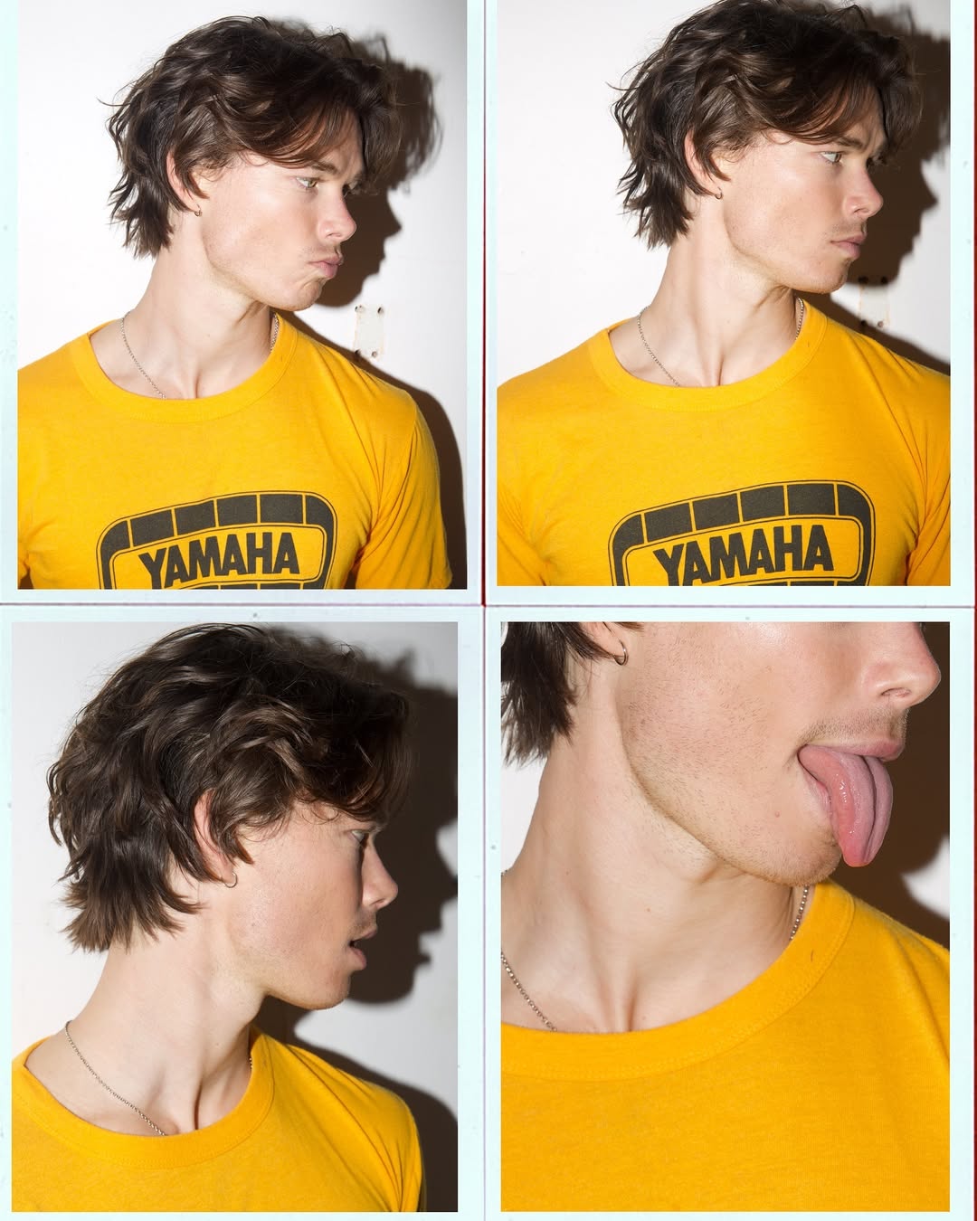Multiple portraits of a young adult male with dark hair wearing a yellow Yamaha t-shirt, with a white background and even lighting.