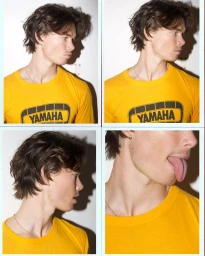 Four-panel contact sheet featuring actor Sam Corlett wearing a yellow Yamaha t-shirt against a plain white background.