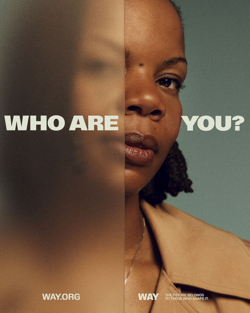 Portrait of a young adult African American woman in a tan coat, contrasted with a blurred figure and the text 'Who are you?'