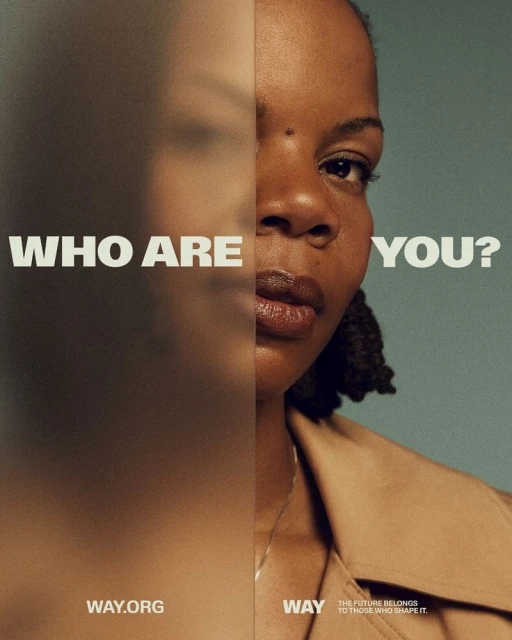 Portrait of a young adult African American woman in a tan coat, contrasted with a blurred figure and the text 'Who are you?'