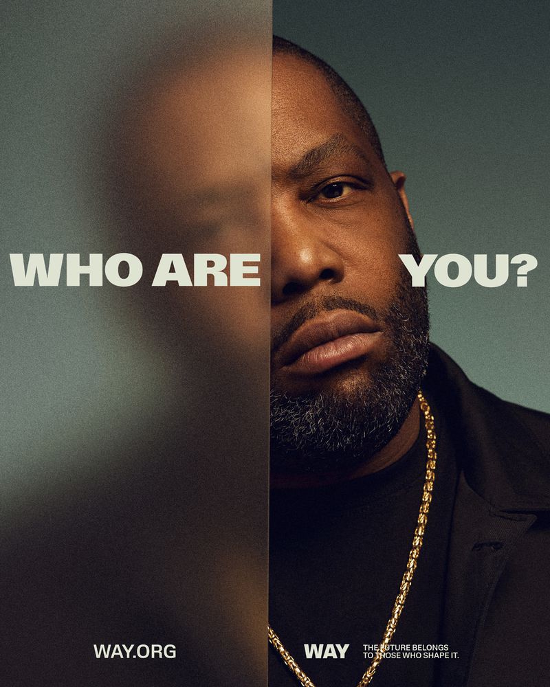 Portrait of a Black man with a beard and gold chain, split composition with frosted glass effect and the text 'Who are you?'