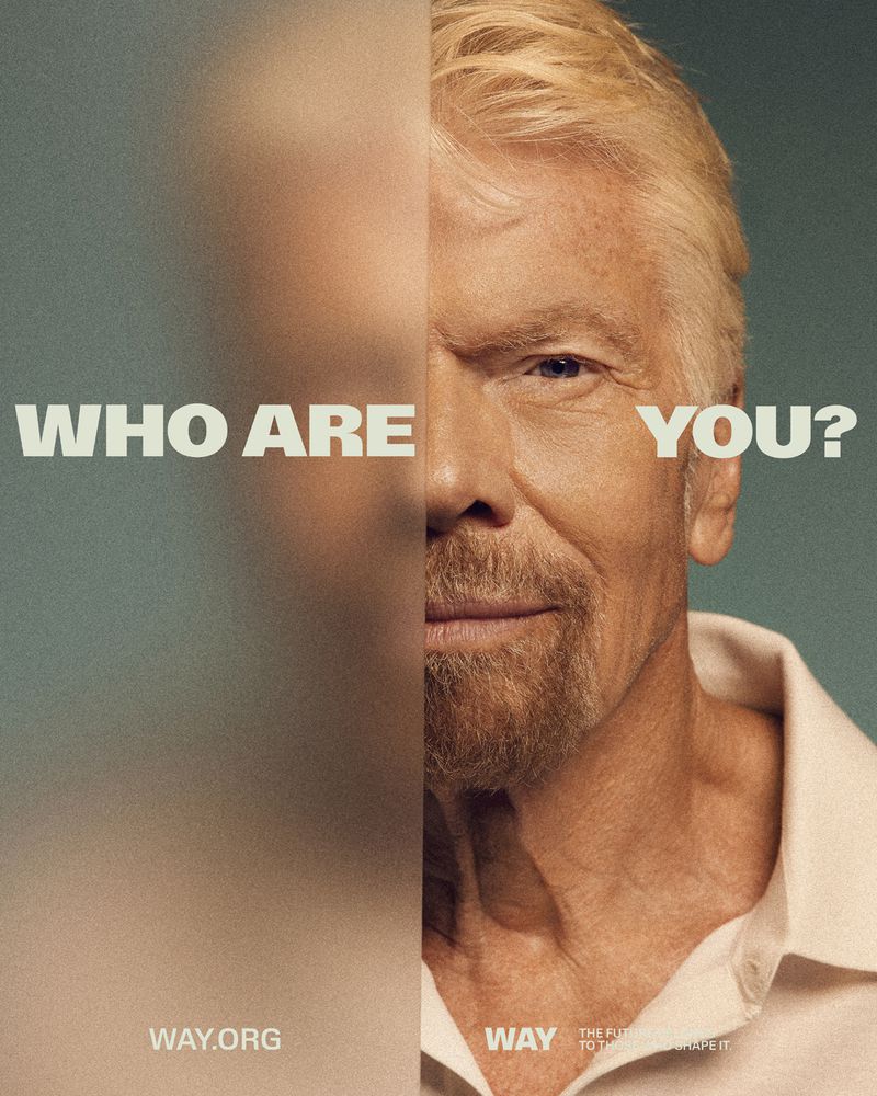 Portrait of Richard Branson on the right side of the frame and blurred human on left. Text reads 'Who Are You?' on a greenish background.