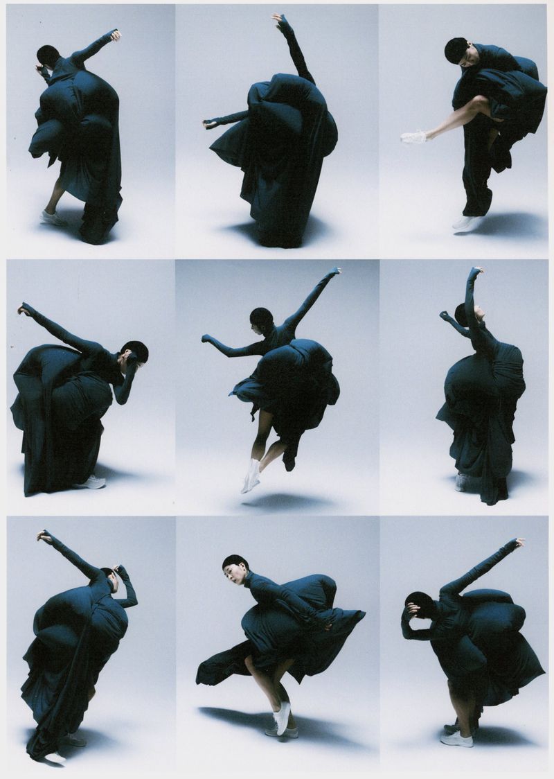 Dance collage of a woman in a dark dress with flowing fabric striking various ballet poses against a gradient light grey background.
