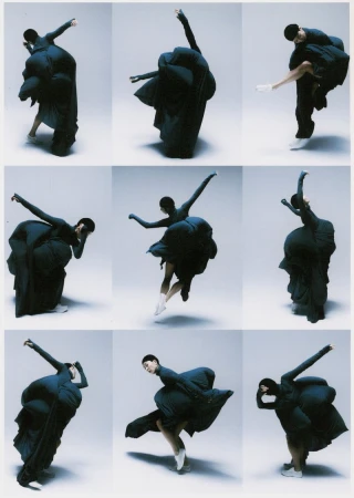 Dance collage of a woman in a dark dress with flowing fabric striking various ballet poses against a gradient light grey background.