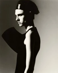 Model in profile wearing a dark sleeveless top and a black headband against a light background