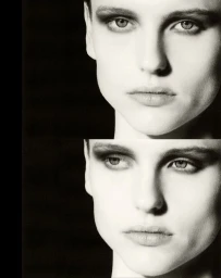 Close-up split portrait of a model with dramatic eye makeup against a dark background for Luncheon Magazine