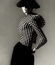 Model with dark bob haircut wearing a black and white checkered top and dark skirt against grey background.