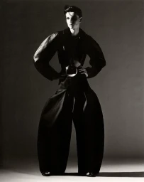 Model in dark voluminous trousers and jacket standing against a neutral studio backdrop