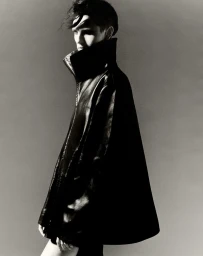 Model in a black high-collar leather coat against a grey studio backdrop, photographed by Trinity Ellis for Luncheon Magazine.