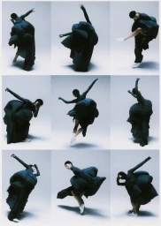 Model in voluminous dark garment and white shoes performing dynamic poses against a grey backdrop in a 3x3 grid layout.