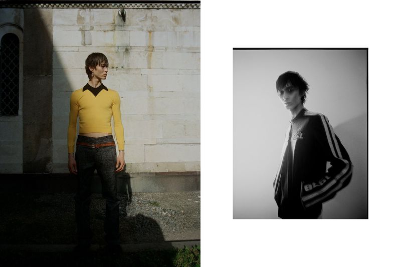Fashion shoot featuring a male model in a yellow long-sleeve shirt and dark pants standing against an outdoor wall with a black and white portrait inset.