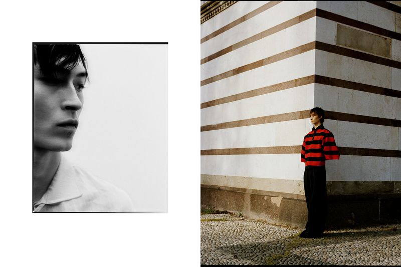 Monochromatic portrait of a male model in a light shirt juxtaposed with a color image of a man in a striped top against a striped wall.