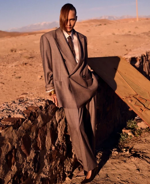 A person in a grey oversized suit poses in a desert landscape with rocky foreground, distant mountains, and a somber, fashionable aesthetic.
