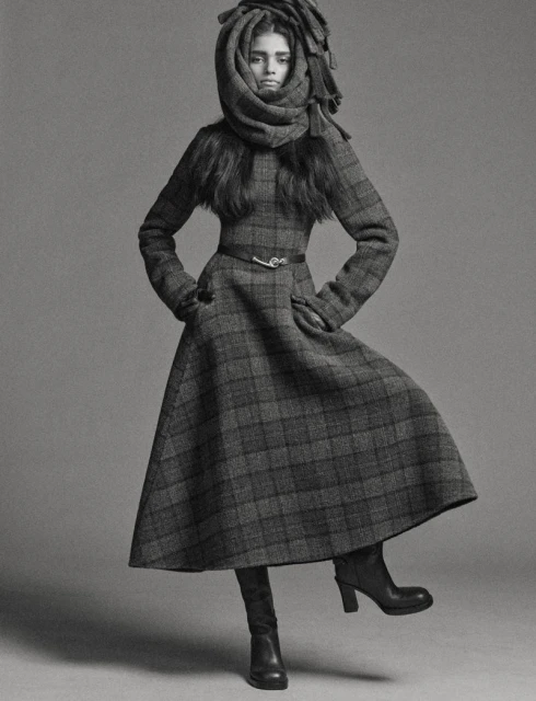 Monochrome studio shot of a fashion model wearing a plaid coat and boots with a scarf wrapped around the head.