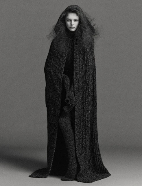 A solitary adult female is captured in a studio shot, draped in a hooded, dark gray knitted cape dress, paired with matching stocking boots.