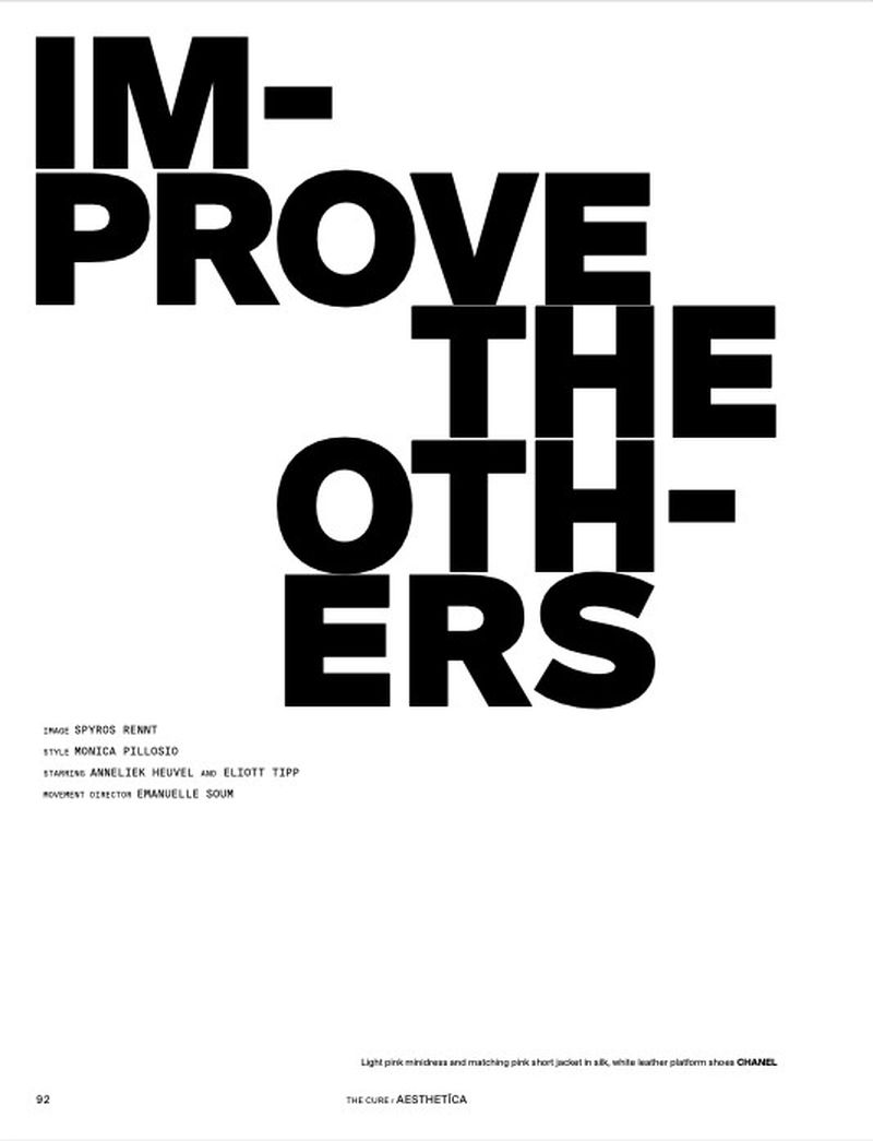 Graphic design featuring the words 'IM-PROVE THE OTHERS' in large, bold black font against a white background. Minimalist aesthetic.