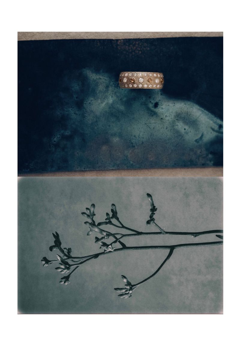 Close-up of a gold ring with embedded stones displayed on a stone surface, with a botanical stem in the foreground.