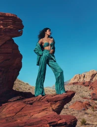 Model Pooja Mor posing on a red rock formation wearing a green two-piece outfit and matching blazer under a clear blue sky.