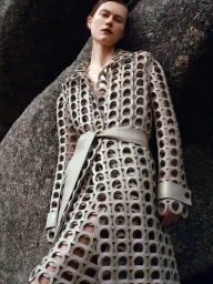 Model in a cut-out patterned grey coat posing against large natural rock formations for Harper's Bazaar UK editorial.