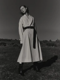 Model wearing a belted white coat outdoors against a dark sky and low horizon landscape for Harper's Bazaar UK editorial.