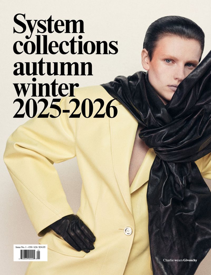 Magazine cover featuring a model wearing a yellow blazer and black scarf, with the text 'System collections autumn winter 2025-2026'.
