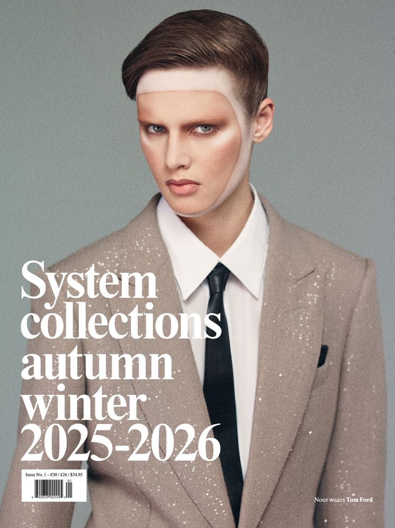 Magazine cover featuring a woman with makeup and a textured suit, with visible text "System collections autumn winter 2025-2026."