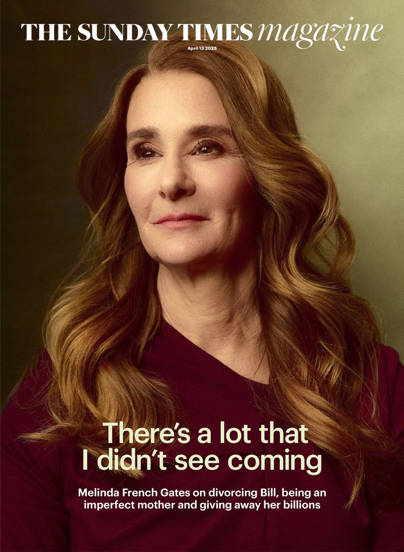 Melinda French Gates portrait on The Sunday Times Magazine cover, wearing burgundy top against a textured olive background.