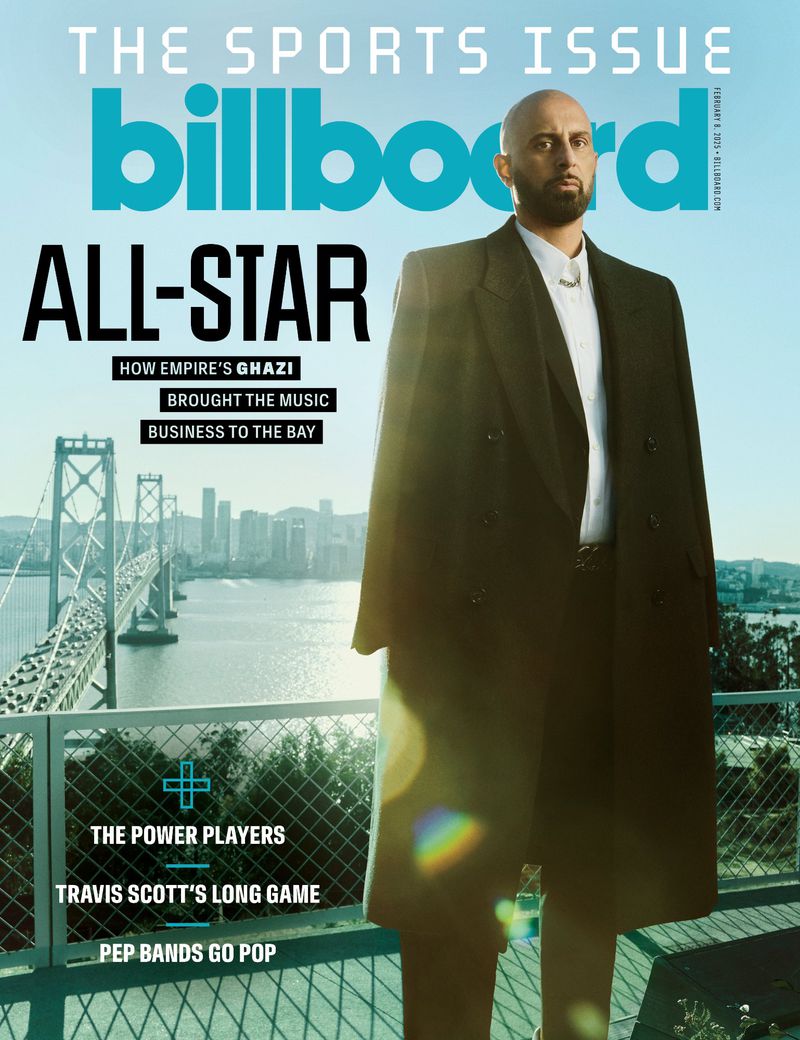 Billboard magazine cover featuring a portrait of a man in a dark coat, with the San Francisco Bay Bridge and cityscape in the background.