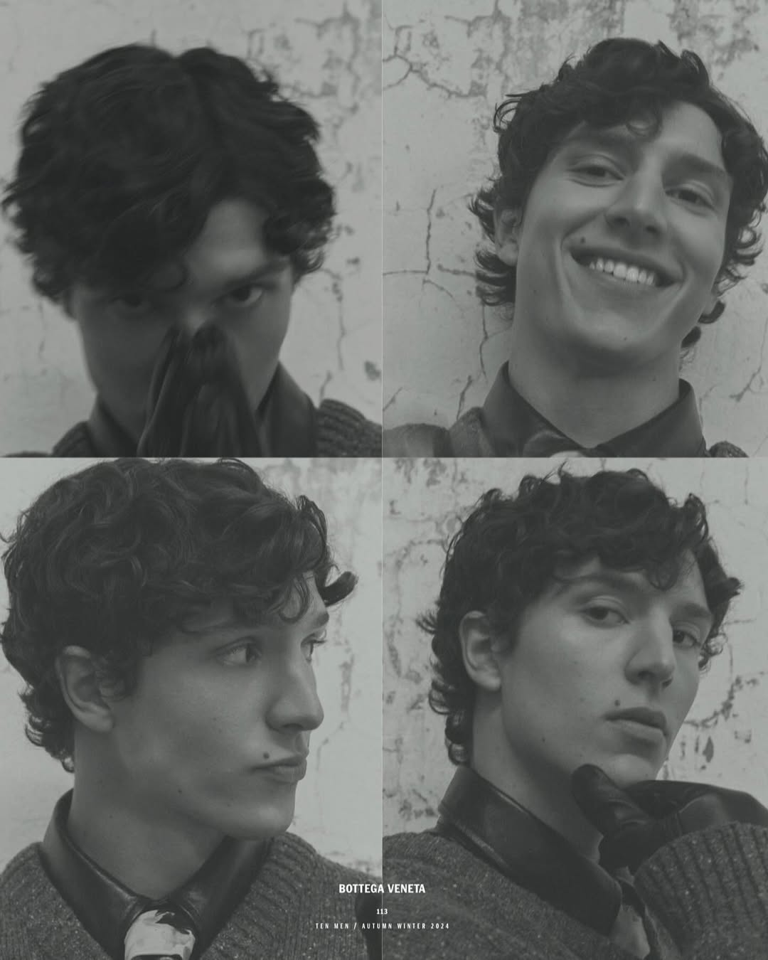 Four-panel black and white portrait composite of a young man with dark curly hair posing against a textured wall.