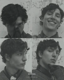Four-panel black and white portrait composite of a young man with dark curly hair posing against a textured wall.
