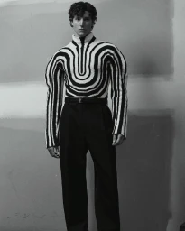 Man wearing a black and white striped patterned turtleneck sweater and dark trousers against a plain studio background.