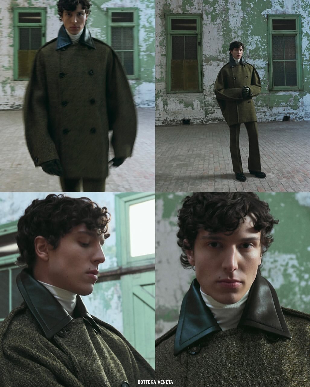 Male model showcases a Bottega Veneta olive double-breasted coat, turtleneck, and gloves on a weathered set with textured walls and windows.