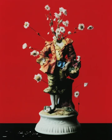 Ornate porcelain figurine on a black surface against a red backdrop, adorned with daisy-like flowers sprouting from the figurine's neck.