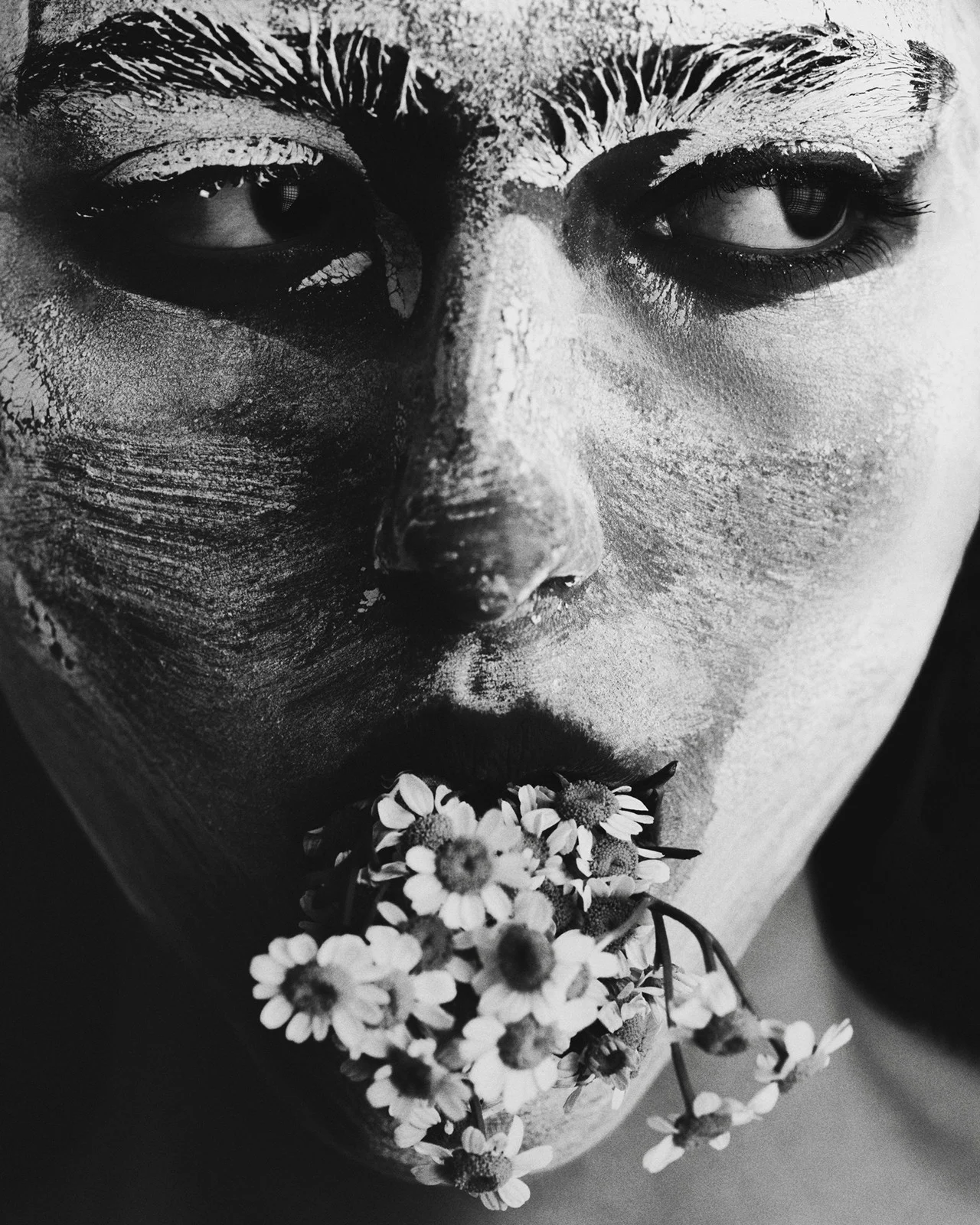 Close-up of a woman's face in black and white, featuring white paint-like makeup and a bouquet of white daisies in her mouth.