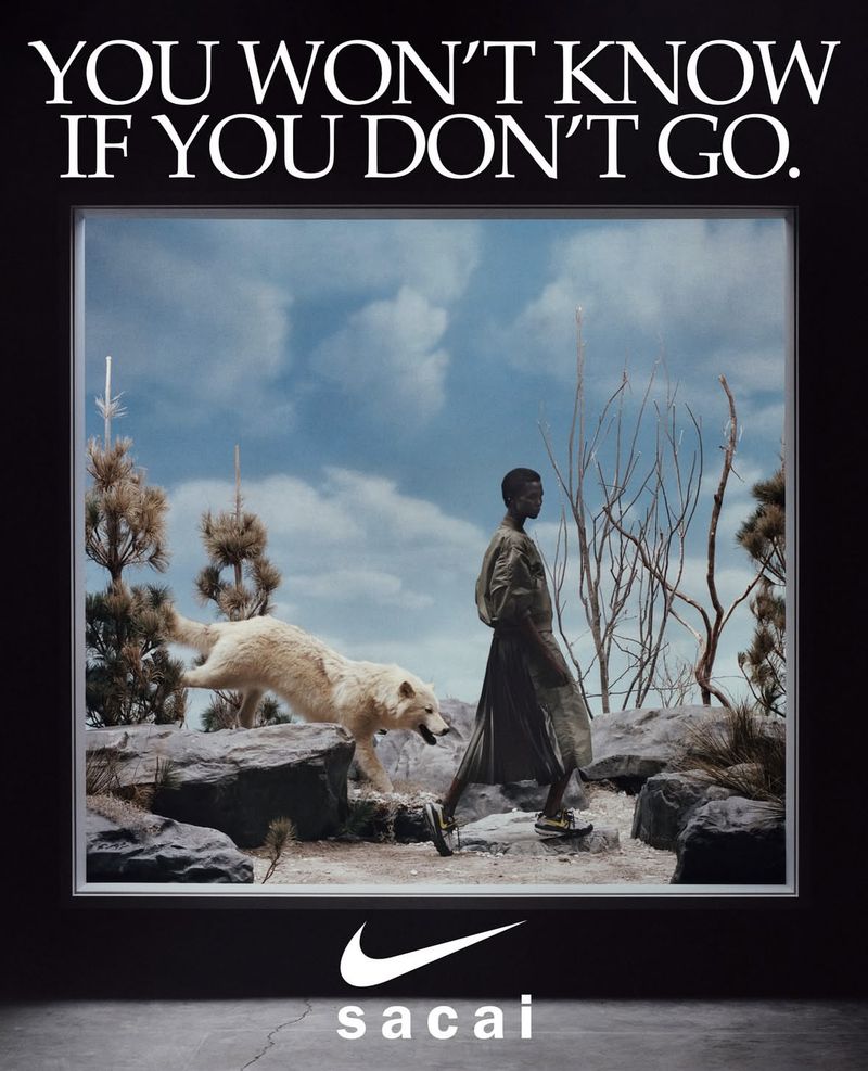 An advertisement for Nike and sacai with a person walking next to a dog in a surreal landscape, framed by a promotional advertisement.