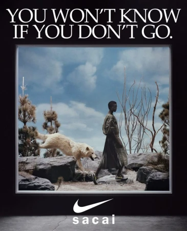An advertisement for Nike and sacai with a person walking next to a dog in a surreal landscape, framed by a promotional advertisement.