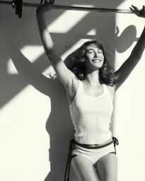 Smiling woman in a white ribbed tank top lifting a barbell overhead against a plain background with strong shadows.