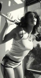Monochrome portrait of Hailey Bieber lifting a barbell indoors near a window for American Vogue.